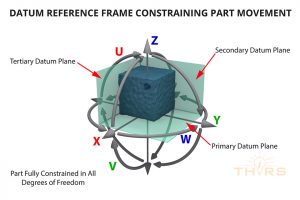 Render of a datum reference frame fully constraining a part in all degrees of freedom, gd&t concepts.