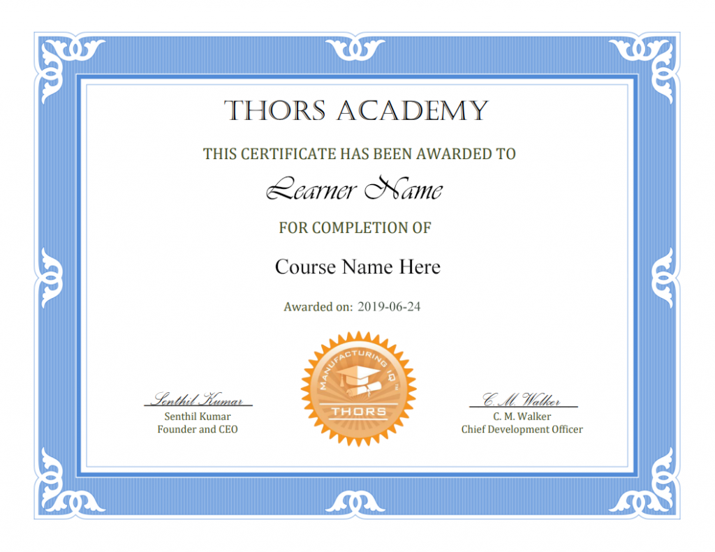 Example of certificate awarded upon successful completion of the course.