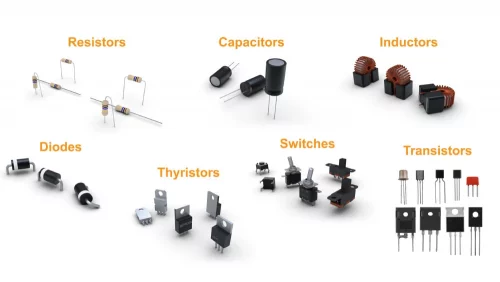Examples of various electronic components including thyristors, capacitors, diodes, and transistors