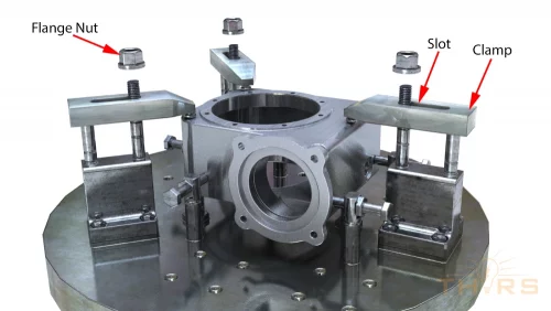 Components of fixturing, also known as workholding, include clamps, slots, and flange nuts.
