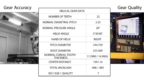 A helical gear data chart including the gear quality specification.