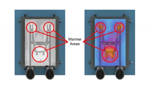 Permanent mold used in tilt pouring showing the warmer areas of the die die cavity.