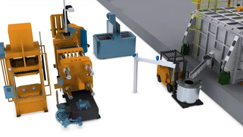 3D illustration of HPDC equipment including a melting furnace, transfer ladle, holding furnace, and robotic pouring and processing equipment.