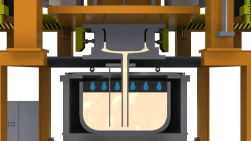 3D illustration demonstrating low pressure air being used to force molten metal from a holding furnace into a mold cavity.