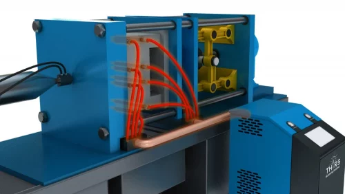 A thermolator which controls the temperature of molds curing as part of an injection molding process.