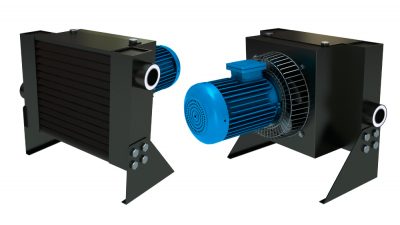Front and back 3D illustration of an air-cooled aftercooler used to purify compressed air downstream of an air compressor