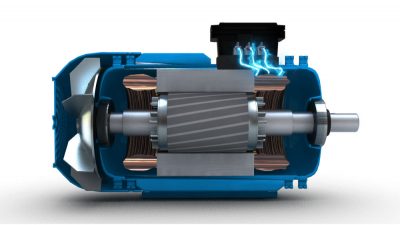 3D illustration cross-section view of an electric motor showing the rotor, stator, and windings
