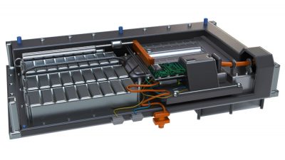 A battery pack comprised of many battery modules, hoses, wiring, and a battery diconnect unit