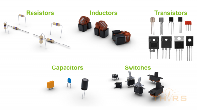 Assorted electronic components: resistors, inductors, transistors, capacitors, and switches