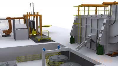 3D illustration of equipment used in low pressure die casting including a melting furnace, an LPDC machine, and a rotary degasser.
