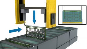 3D illustration of equipment performing an automated plating process.