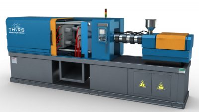 3D illustration of an injection molding machine.