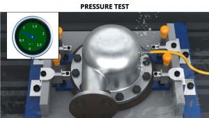 A pressure test being performed, a quality inspection test that checks for leaks from a fluid handling steel casting.