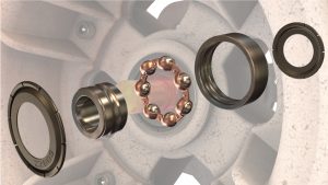 The main parts of a ball bearing including the seal, the inner race, the ball bearing, the retainer, and the outer race