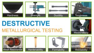 Examples of various destructive metallurgical tests including ductility, machinability, and wear resistance.