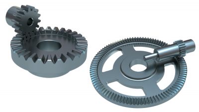 Example face gears, a type of bevel gearing, one with a spur gear mating pinion and one with a helical gear mating pinion.