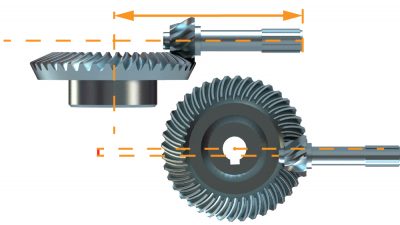 Illustrations of a hypoid gear with dashed lines demonstrating the axis crossing point and the offset.