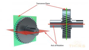Helical gear showing its transverse plane being perpendicular to its axis of rotation.