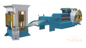 3D illustration of stamping equipment and process including the straightener, feeder, and stamping press.