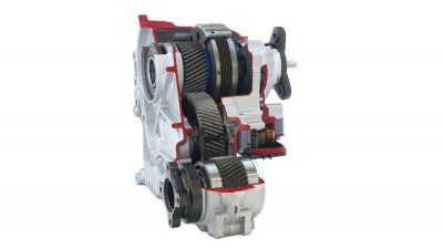3D illustration of a transfer case responsible for transferring power from a transmission to front and rear axles.
