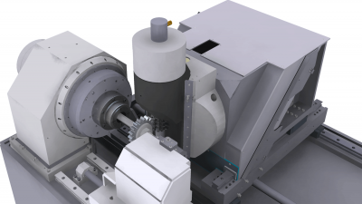 The workpiece, workholding device, and hobbing cutter of a modern gear hobbing machine.