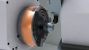 A turning center cutting tool removes material from a tapered workpiece.