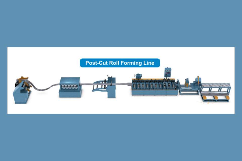 A comprehensive image showing the entire roll forming line in the roll forming process.