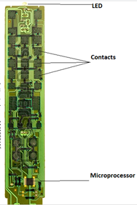 Television Remote Control’s PCB with LED, Contacts, and Microprocessor Labeled