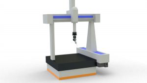 A bridge type coordinate measuring machine (CMM) with a joystick controller and a computer system.