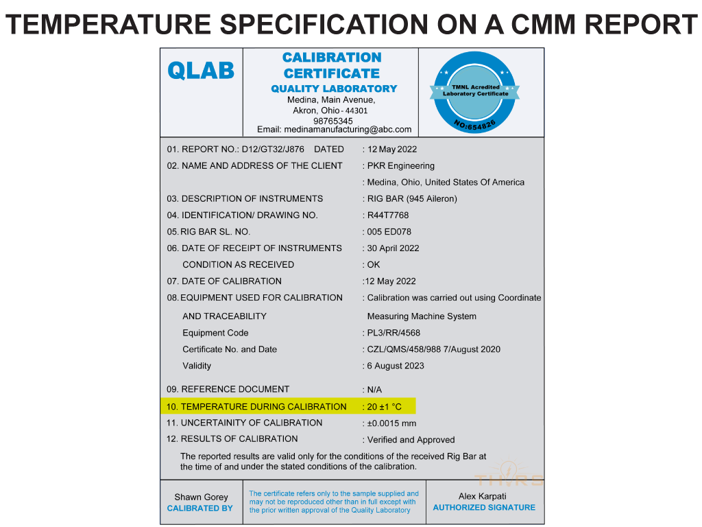 A CMM Report with “Temperature During Calibration” Criteria Highlighted after measurement optimization.