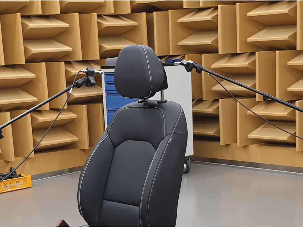 Intensity probes are on each side of a headrest to measure the amount of product noise, vibration, and harshness that occurs