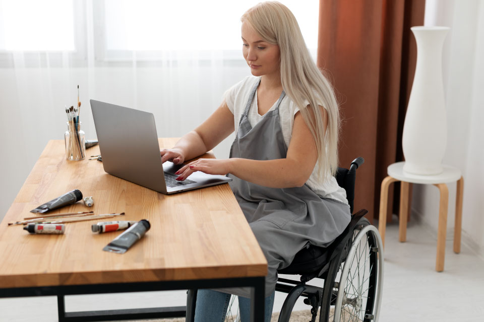 Disabled Student doing online learning.