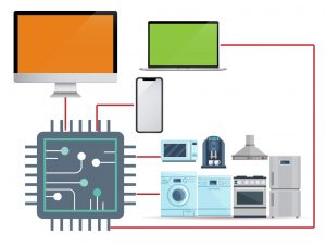 A picture representing a semiconductor chip powering a computer, electronics, and other electronic devices.