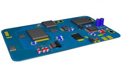 A blue Printed Circuit Board (PCB) with many kinds of electronic components mounted on it.