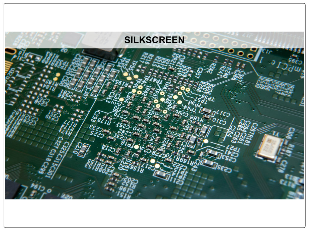 A Printed Circuit Board (PCB) with Solder Mask and Silkscreen Labeled