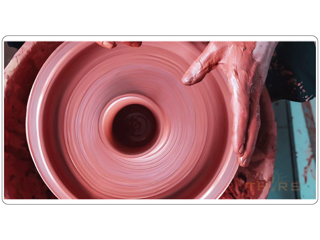 Hands shaping clay on a wheel in traditional method.