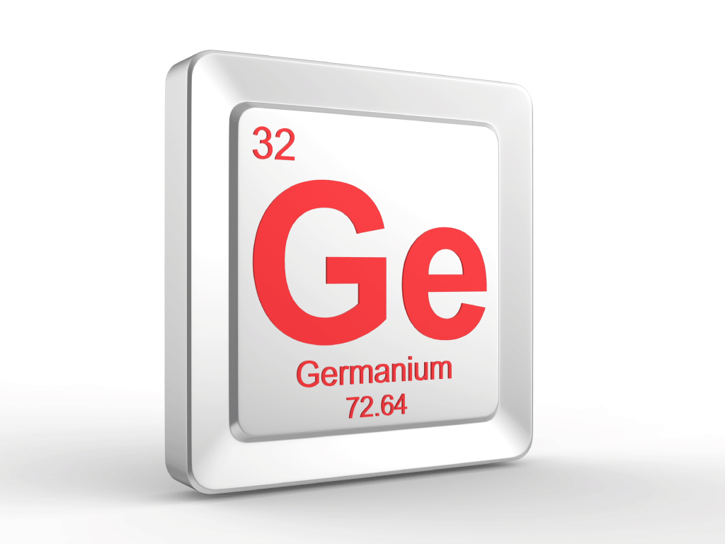 A block with semiconductor material germanium labeled on it along with its atomic number and atomic mass.