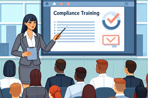 A woman not using eLearning in compliance training, but doing live training.