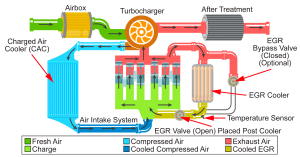 The gas flow through the exhaust gas recirculation (EGR) system components is illustrated.