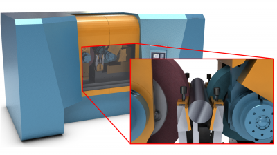 An illustration of a centerless grinding machine with interlocked doors and a PIP showing the grinding operation inside.