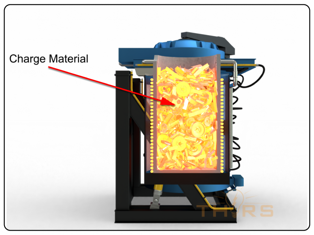 An induction melting furnace full of charge material being melted prior to pouring.