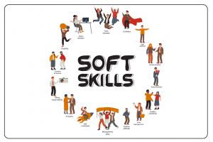 A vector illustration of multicultural professionals in various situations, highlighting required soft skills in the tech industry.