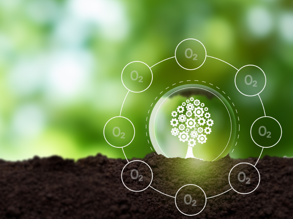 Illustration of sustainable manufacturing practices with a tree symbolizing eco-friendly production and oxygen cycles.