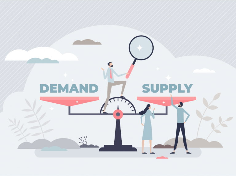 A weighing gauge shows demand on one side and supply on the other side with a man with a magnifying glass facing the supply side.