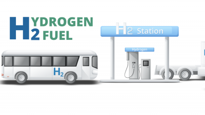 Hydrogen powered internal combustion engine vehicles wait at the hydrogen fuel station to fill the fuel tank.