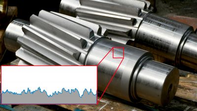 Two shaft pinions are illustrated with a PIP that reveals a microscopic view of the surface finish profile.