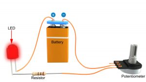 A passive electronic circuit involving a potentiometer, resistor, and battery to control the intensity of an LED.