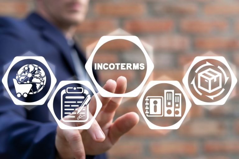 Business professional using virtual interface with Incoterms® and trade-related icons.