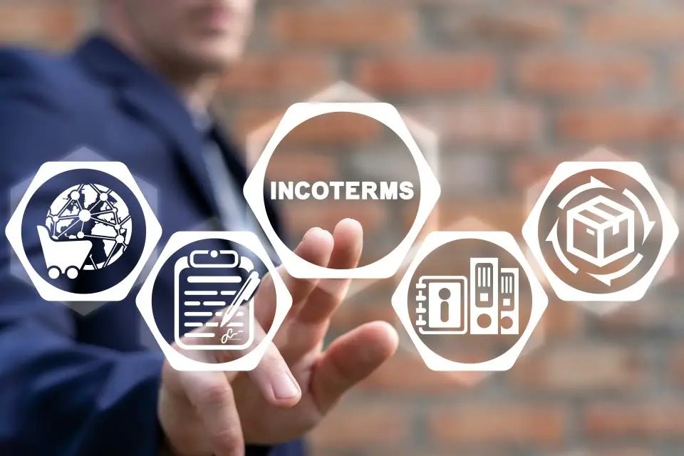 Business professional using virtual interface with Incoterms® and trade-related icons.