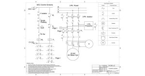 Power circuit schematic of an MCC showing three-phase supply, isolator, contactor, protection devices, and a 22 kW AC motor.